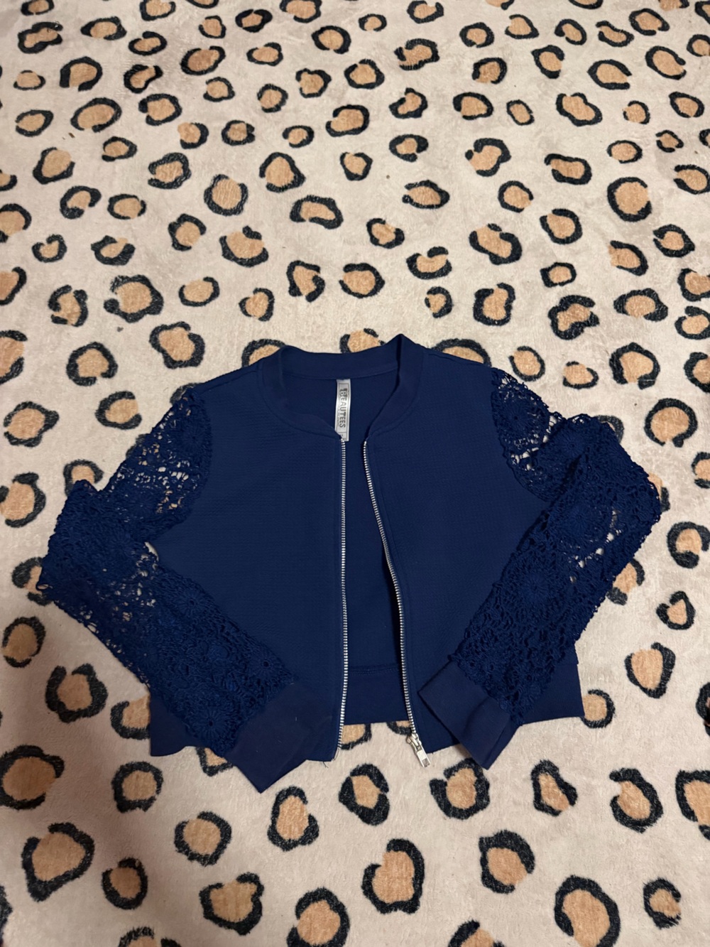 Navy Lace-Sleeve Zip-Front Jacket // Girls 14